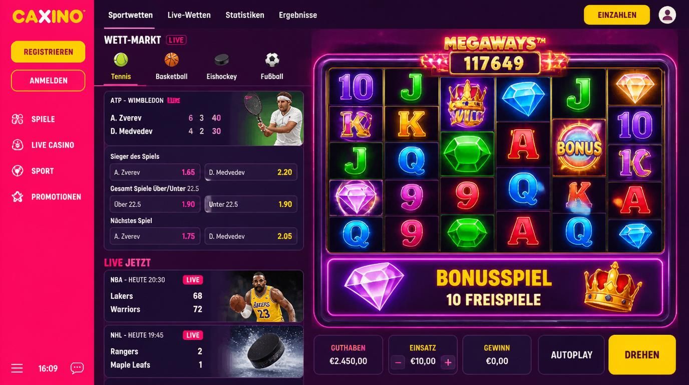 Ein Bildschirm zeigt Sportwetten und Slots in einem Layout