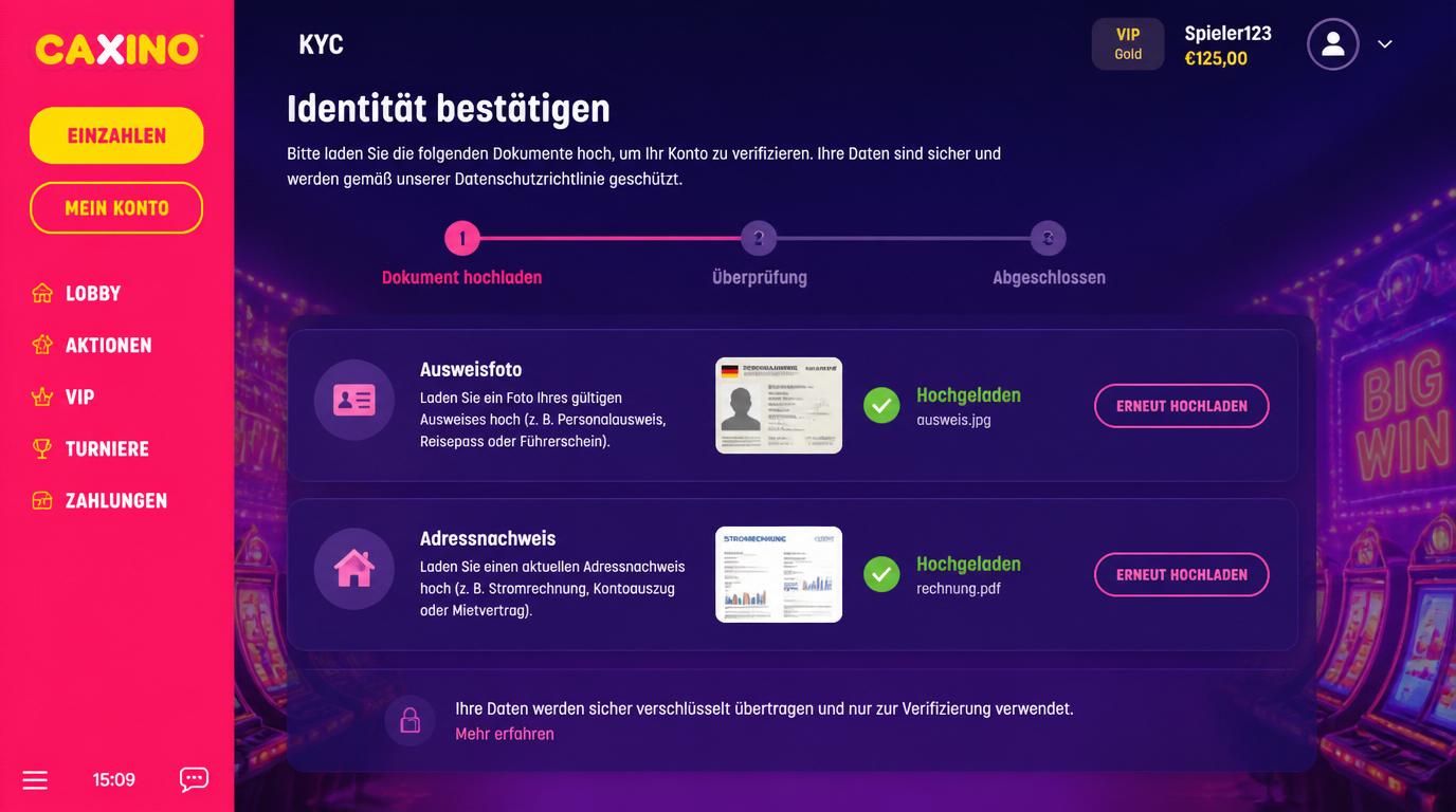 Upload von Verifizierungsdokumenten auf einer sicheren Casino-Plattform
