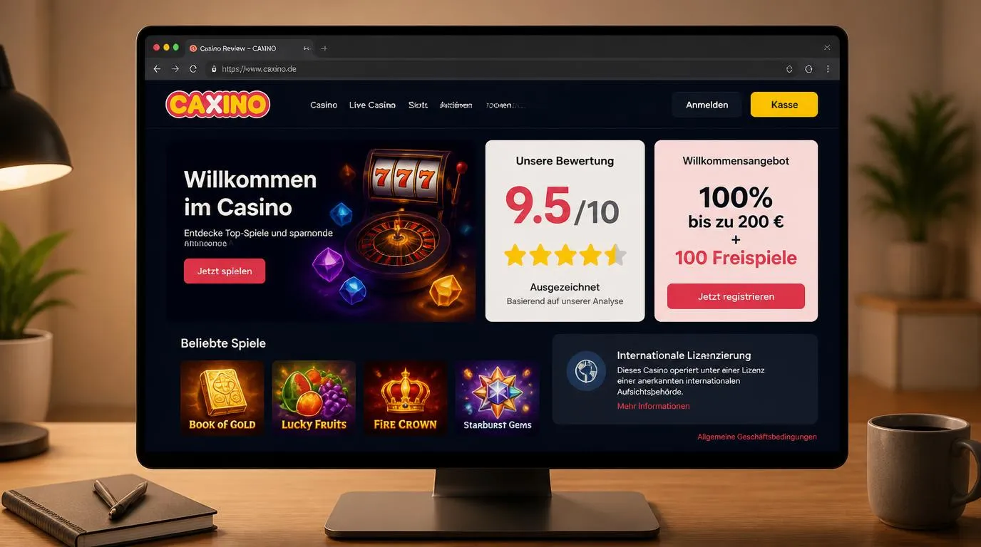 Casino-Oberfläche mit Bewertungsanzeige, Willkommensangebot und Schaltfläche zur Kasse
