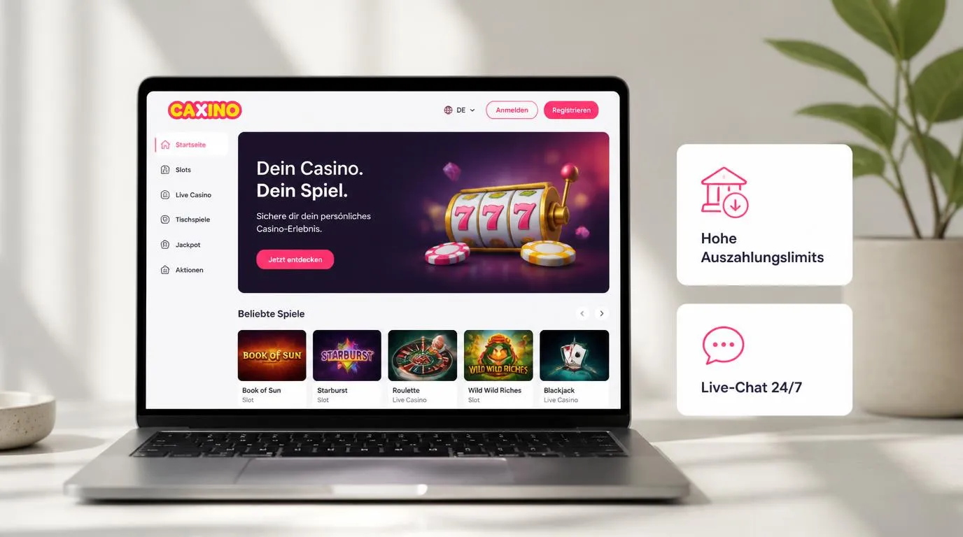 Klare Casino-Oberfläche mit Hinweis auf hohe Auszahlungslimits und rund um die Uhr erreichbaren Live-Chat