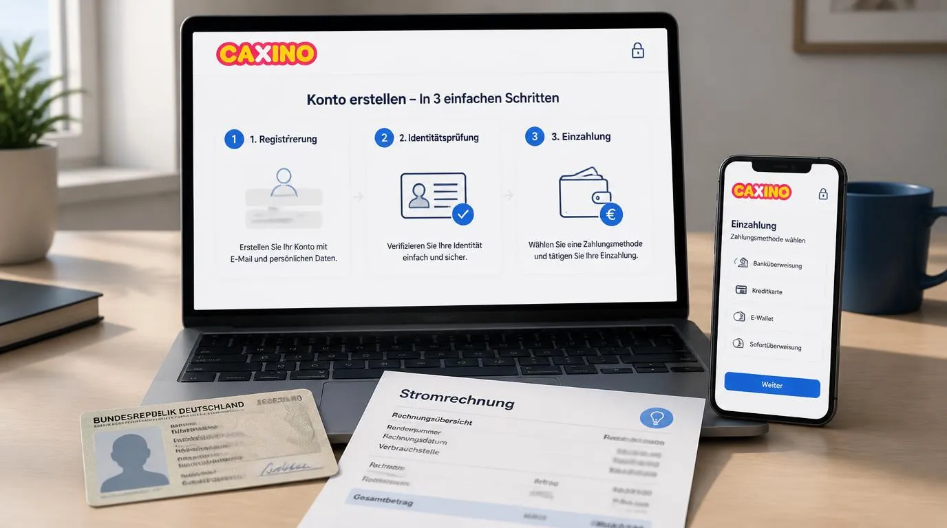 Laptop mit Registrierungsformular, Ausweisprüfung und geschützter Zahlungsauswahl